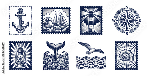 Vintage Nautical Engraving Postage Stamp Set for Marine Scrapbooking and Seaside Travel Branding