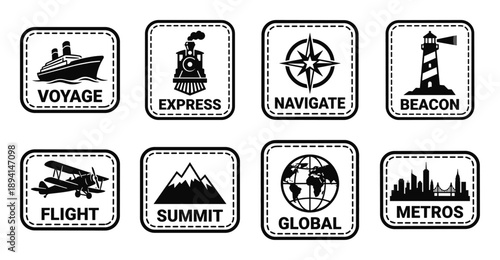 Minimalist Monochrome Transportation and Destination Badge Set for Adventure Travel Branding