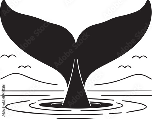 A serene illustration of a whale's tail in the ocean from a rear viewpoint with ripples in the water