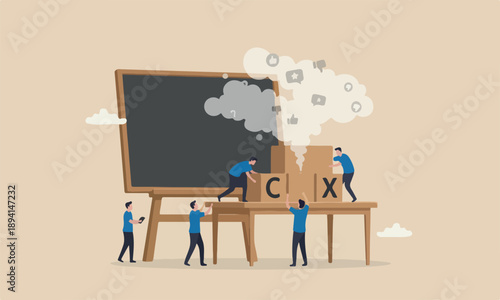 Customer industrial workers with blue team uniform building cube wooden block with acronym CX on table with blackboard, user review or feedback