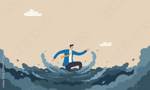Business failure, problem and bankruptcy, career struggle or unemployment concept, helpless businessman drowning or sinking into the bottom of pink piggy bank ocean