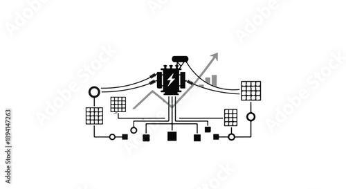 Technical diagram flowchart illustration with lines, circles, squares, and arrows on white background for engineering, architecture, or technology concept