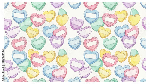 Colorful candy hearts pattern on white background sweet treats for valentine's day or celebrations pastel colors and festive design elements