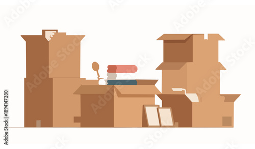 Moving boxes stack with household items for relocation packing logistics and home organization vector illustration