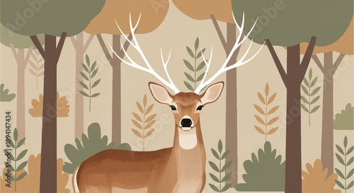 Vector illustration of a brown deer with white antlers in a muted autumn forest, nature landscape background, flat graphic style