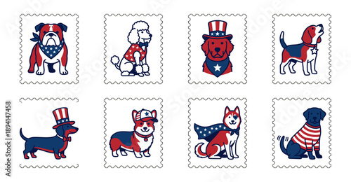 Minimalist Patriotic Dog Breed Postage Stamp Collection for Fourth of July Stationery and Fourth of July Crafts
