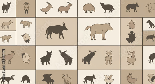 Vector animal icon set with various mammals in brown and beige tones, wildlife illustration for UI, app, website, or branding