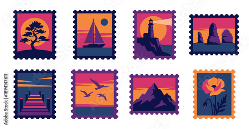 Minimalist Landscape Silhouette Postage Stamp Set for Travel Branding and Stationery Design