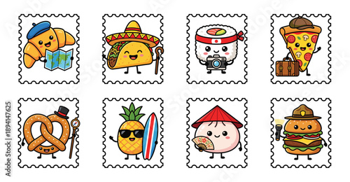 Kawaii Cartoon World Food Postage Stamp Set for Travel Scrapbooking and International Cuisine Stickers