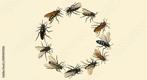 Vintage insect vector illustration circle frame with various flies, wasps, and beetles on light background