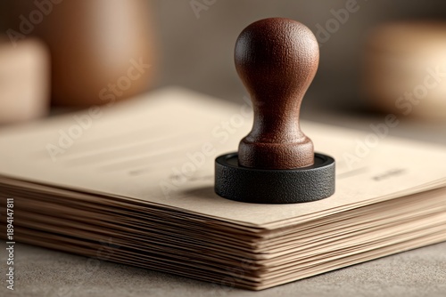 Wooden rubber stamp resting on a stack of official documents, symbolizing approval, certification, and bureaucratic process