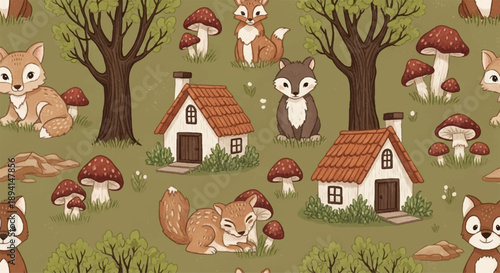 Forest animal and mushroom village seamless pattern vector, cute foxes, wolves, trees, and houses on green background, kids fabric print