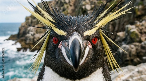 Nahaufnahme eines Felsenpinguins mit markanten gelben Federn und neugierigem Gesichtsausdruck.