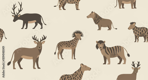 Vector seamless pattern with brown deer, zebra, and lion animal illustrations on a light beige background, safari wildlife design