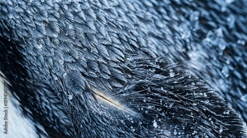 Makroaufnahme von Pinguinfedern mit kleinen Eiskristallen als abstraktes Naturmuster.