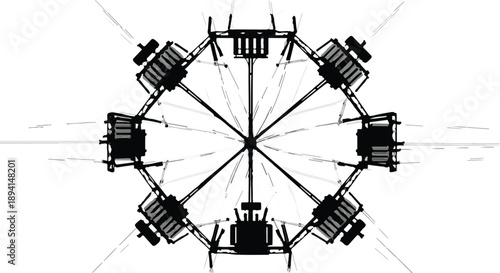 Black and white illustration of Ferris wheel structure with empty seats, carnival ride, amusement park attraction, funfair element, circular motion, thrill ride, entertainment concept