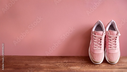 pair of pink sneakers on wooden surface against pink wall