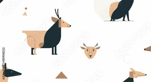 Minimalist Geometric Deer and Goat Animal Pattern on White Background