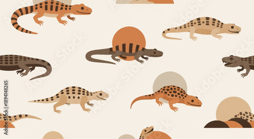 Seamless Pattern of Flat Design Lizards and Reptiles on Beige Background