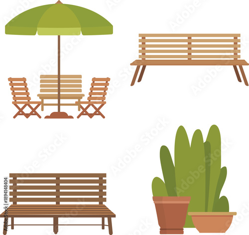 Outdoor patio furniture set with umbrella table and chairs two benches and potted plants for garden relaxation and seating areas bright and cheerful scene