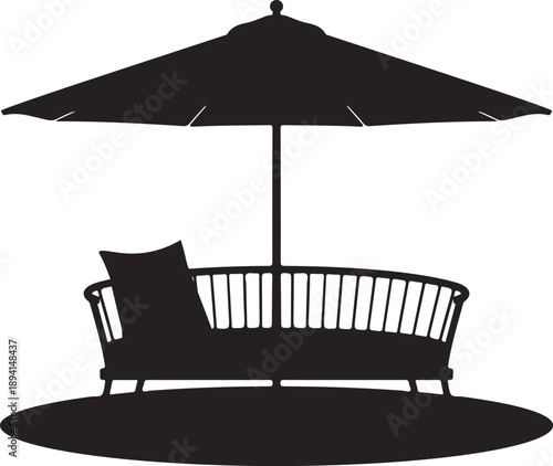 Silhouette of outdoor patio furniture with round umbrella and cushioned bench on checkered background