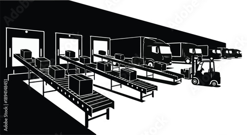 Industrial warehouse with conveyor belt and forklift, logistics and transportation concept, industrial area with trucks and loading docks, supply chain management