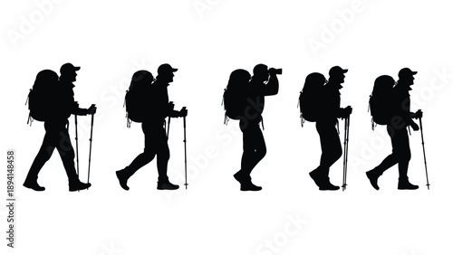 Silhouettes of hikers with backpacks and trekking poles Vector