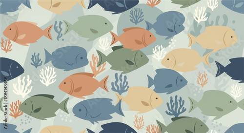 Seamless Vector Pattern of Colorful Fish and Coral on Light Blue Background