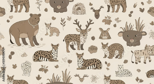 Seamless Vector Pattern of Brown Wild Animals and Plants on Beige Background