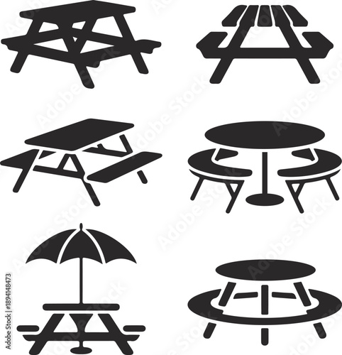 Collection of picnic table silhouettes with benches and umbrellas, round and rectangular shapes, outdoor leisure