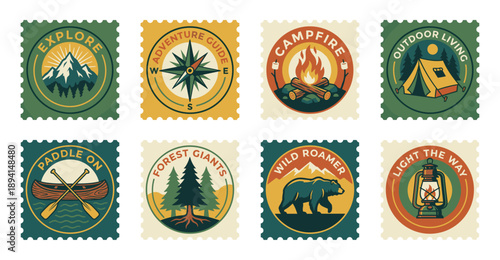 Vintage Outdoor Adventure Postage Stamp Collection for Camping and National Park Scrapbooking