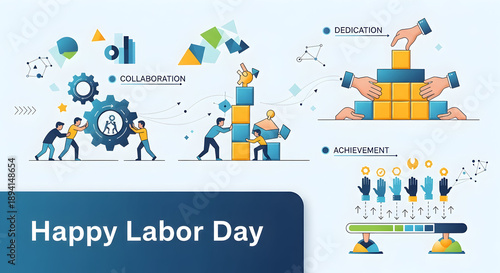 People collaborating building blocks and celebrating achievements on Labor Day