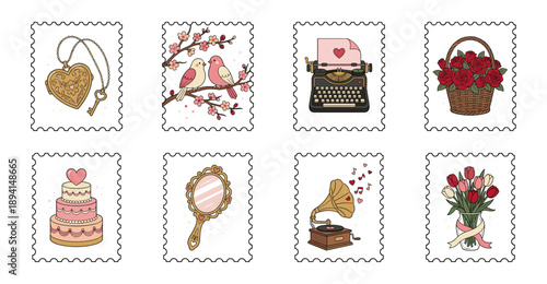 Vintage Hand Drawn Romantic Ephemera Postage Stamp Collection for Valentines Day Stationery