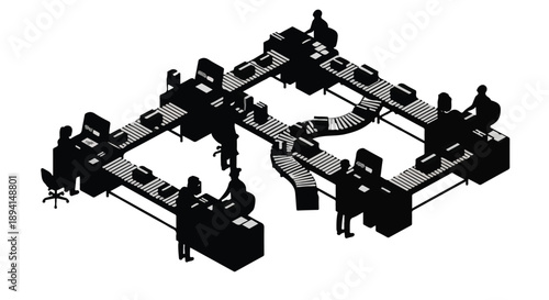 Silhouette of diverse group of people working collaboratively in modern office space with computers and desks, teamwork and business concept