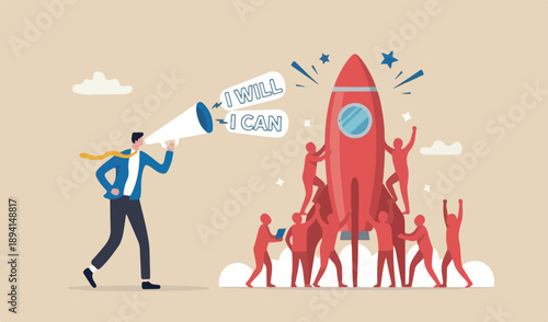 Willpower to be success, entrepreneur hero say I will and I can to achieve two toffee in to success team man rocket