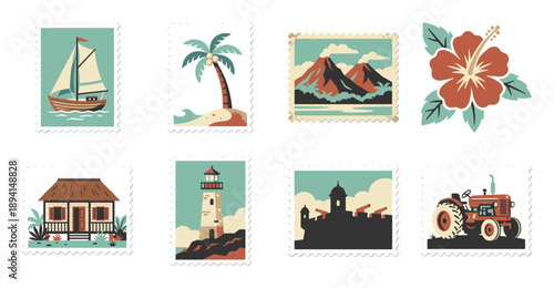 Retro Tropical Island Adventure Postage Stamp Collection for Summer Travel and Scrapbooking Assets