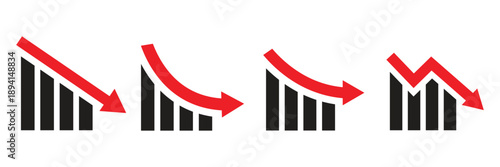 Graph going down and up sign with green and red arrows, vector illustration of bar chart symbols, depicting sales decrease and growth, ideal for business analytics, financial reports