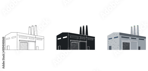 Industrial Buildings with Chimneys and Doors Vector Set in Line Art, Silhouette and Color Style for Modern City Architecture and Real Estate Design