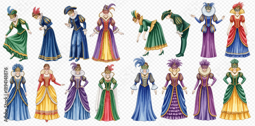Set of renaissance era characters in historical costumes, including men and women in various poses and attire.