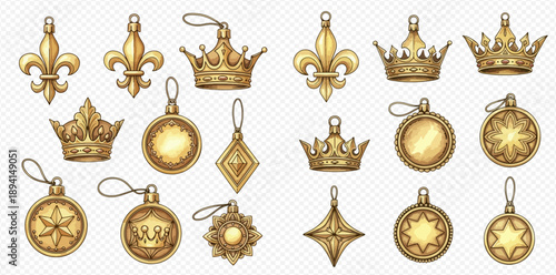 Set of golden royal crowns, fleur de lis, and decorative medallions with loops for hanging.