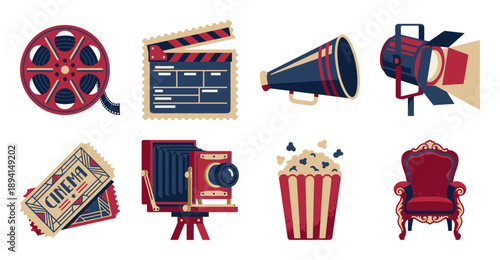 Retro Cinematic Graphic Icon Set Vintage Cinema Stamp Collection for Movie Industry Production and Theater Marketing