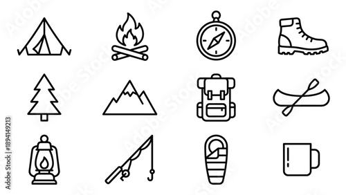 Set of 12 minimalist camping and outdoor adventure line icons featuring a tent, campfire, compass, hiking boot, pine tree, mountain, backpack, canoe, lantern, fishing rod, sleeping bag, and mug.
