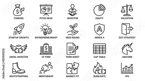 Professional set of 20 startup and venture capital line icons featuring funding, pitch deck, investor, equity, valuation, growth, seed round, series a, exit strategy, unicorn, and IPO symbols.