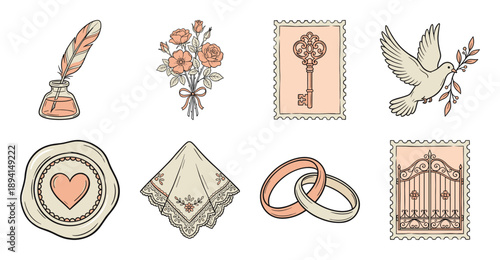 Vintage Hand Drawn Romantic Ephemera Stamp Collection for Wedding Stationery and Scrapbooking