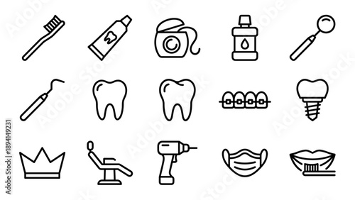 Set of 15 Dental Care and Dentistry Line Icons Featuring Toothbrush, Toothpaste, Dental Floss, Mouthwash, Braces, Implant, Crown, Dentist Chair, and Drill in a Minimalist Vector Outline Style.