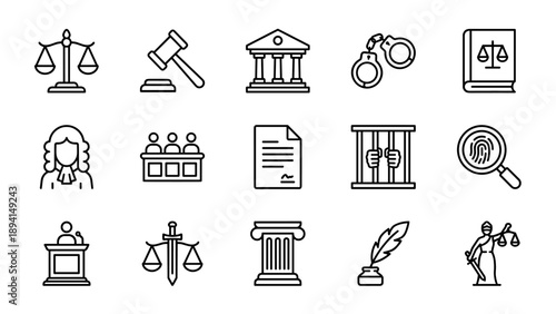Set of 15 Law and Justice Legal Line Icons in Minimalist Vector Style. Includes Scales of Justice, Gavel, Courthouse, Handcuffs, Law Book, Judge, Jury, Prison, Document, and Lady Justice.