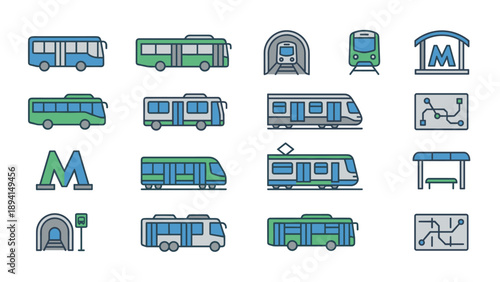 Comprehensive Vector Set of Public Transport Icons Featuring Minimalist Bus, Metro, Train, Subway, and Tram Illustrations, Transit Maps, and Station Stops in a Clean Flat Line Art Style Design