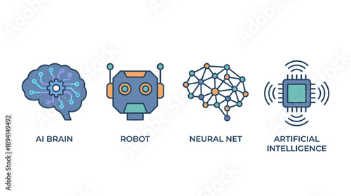 Flat Design Icon Set of Artificial Intelligence Concepts Featuring AI Brain with Circuitry, Robot Head, Neural Network Graph, and Microchip Symbol on a Clean White Background for Tech Projects