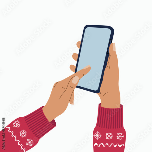Mobile phone in hand. Touching screen with finger. Using applications. Hand drawn vector illustration isolated on white background. Modern flat cartoon style.