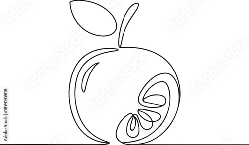 Continuous line drawing of an apple with a slice removed showcasing simplicity and elegance in a minimalist illustration